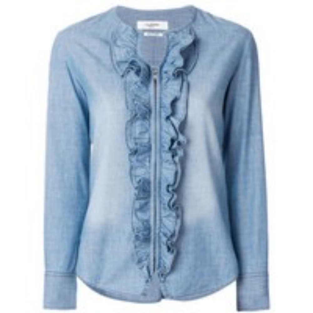 Isabel Marant Etoile Liz Zip-Front Long-Sleeve Denim Ruffled Trim Blouse XL